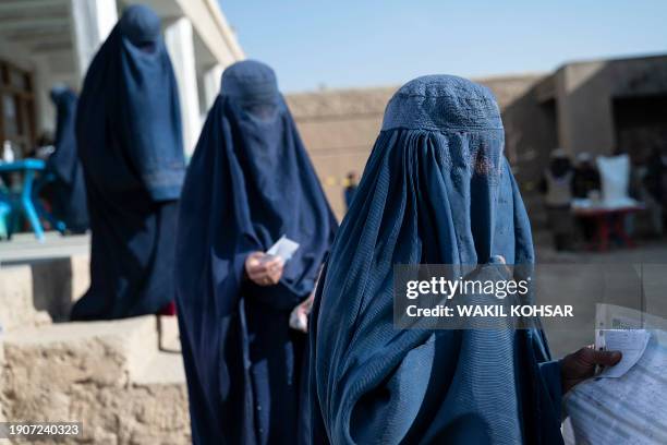 Afghan burqa-clad women stand in a queue as they wait to receive food being distributed as an aid by the World Food Programme organisation at Nawabad...