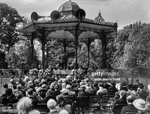 Gerald Wellesley, 7th Duke of Wellington , in the bandstand at Battersea Park in London during the opening of a sculpture exhibition, May 13th 1948....