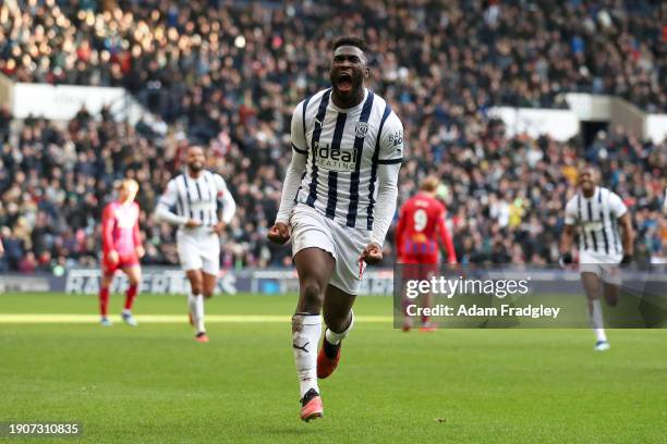 Daryl Dike of West Bromwich Albion celebrates after scoring a goal to make it 3-0 during the Emirates FA Cup Third Round match between West Bromwich...