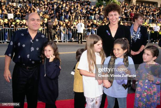 Married couple, actors Danny DeVito and Rhea Perlman with their children and friends attend the Los Angeles premiere of Batman Returns at Mann's...