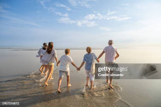 multi generation family walking on beach - mother and child in water at beach stock pictures, royalty-free photos & images