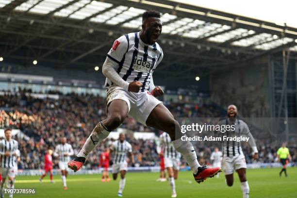 Daryl Dike of West Bromwich Albion celebrates after scoring a goal to make it 3-0 during the Emirates FA Cup Third Round match between West Bromwich...