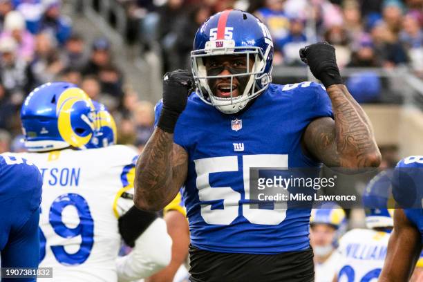 Jihad Ward of the New York Giants reacts to a play against the Los Angeles Rams at MetLife Stadium on December 31, 2023 in East Rutherford, New...