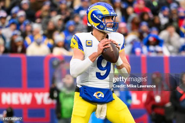 Matthew Stafford of the Los Angeles Rams throws the ball during the game against the New York Giants at MetLife Stadium on December 31, 2023 in East...