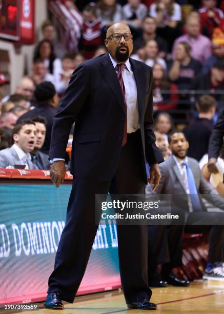 Head coach Mike Woodson of the Indiana Hoosiers reacts in the game against the Kennesaw State Owls at Simon Skjodt Assembly Hall on December 29, 2023...