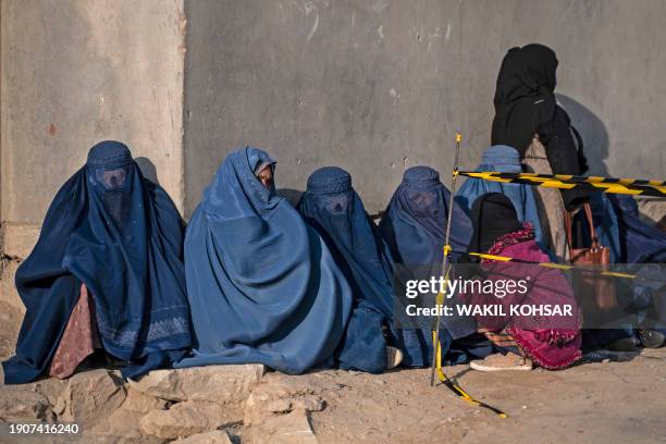 Afghan burqa-clad women sit as they wait to receive cash money being distributed as an aid by the World Food Programme organisation in Pul-i-Alam,...