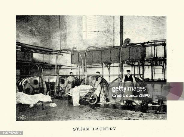 workers cleaning sheet in the steam laundry of royal naval hospital haslar, gosport, hampshire, 1890s - antique washing machine stock illustrations