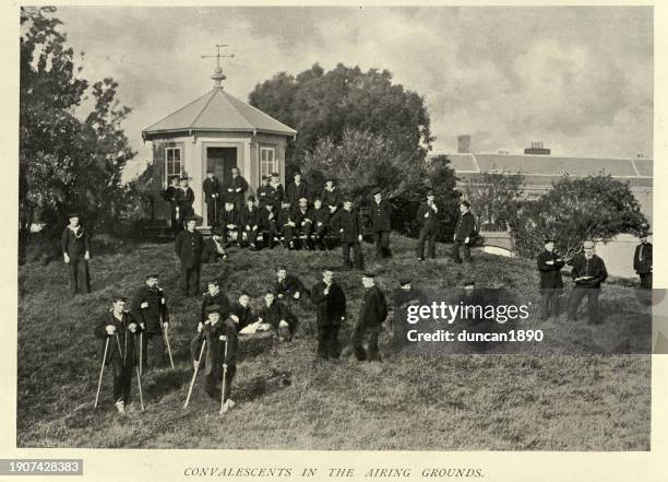 picture history of healthcare, convalescents in the airing grounds of royal naval hospital haslar, gosport, hampshire, 1890s - indian crutch stock illustrations