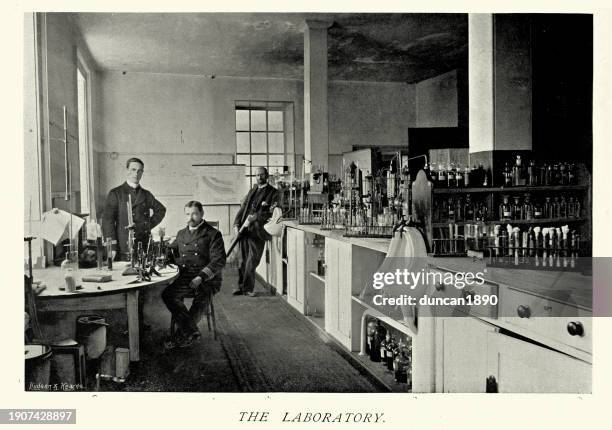 history of healthcare, doctors in medical laboratory of royal naval hospital haslar, gosport, hampshire, 1890s - doctor in the past stock illustrations