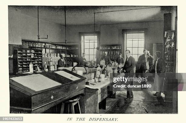 history of healthcare, pharmacists, shelves of medicine in dispensary of royal naval hospital haslar, gosport, hampshire, 1890s - the past stock illustrations