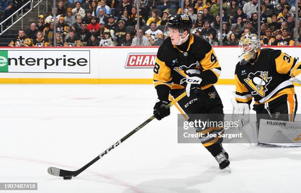 Valtteri Puustinen of the Pittsburgh Penguins skates against the St. Louis Blues at PPG PAINTS Arena on December 30, 2023 in Pittsburgh, Pennsylvania.