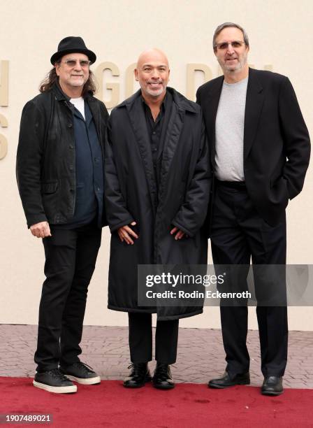Glenn Weiss, Jo Koy and Ricky Kirshner attend the 81st Annual Golden Globe Awards Press Preview and Red Carpet Rollout at The Beverly Hilton on...