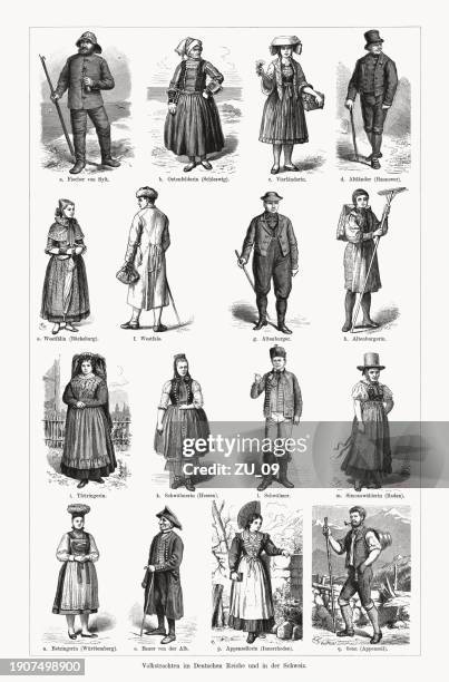 traditional german and swiss folk costumes, wood engravings, published 1894 - hanover stock illustrations