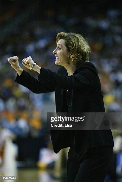 Head coach Gail Goestenkors of Duke signals to her team during the NCAA Women's Final Four against Tennessee at the Georgia Dome on April 6, 2003 in...