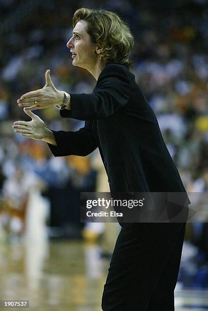 Head coach Gail Goestenkors of Duke signals to her team during the NCAA Women's Final Four against Tennessee at the Georgia Dome on April 6, 2003 in...