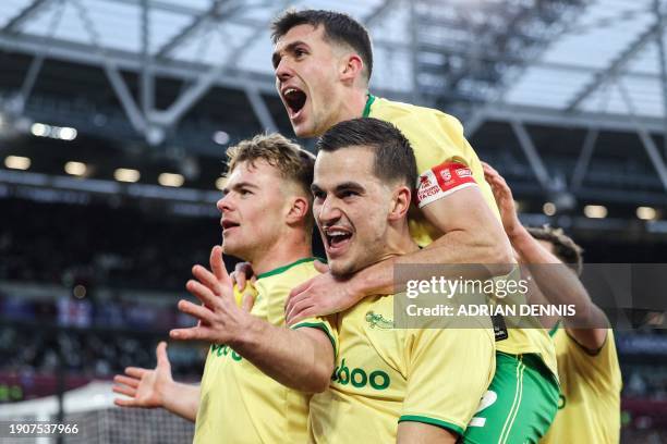 Bristol City's Scottish striker Tommy Conway celebrates scoring his team first goal during the English FA Cup third round football match between West...