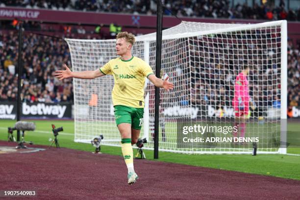 Bristol City's Scottish striker Tommy Conway celebrates scoring his team first goal during the English FA Cup third round football match between West...