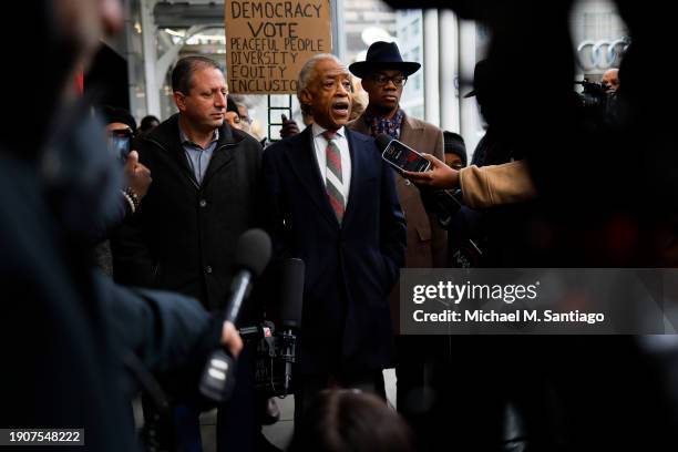 Founder and president of the National Action Network Rev. Al Sharpton gives remarks to members of the media as members of NAN hold a protest outside...