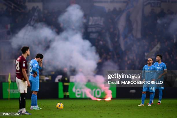 Napoli's Slovak midfielder Stanislav Lobotka reacts during the Italian Serie A football match Torino vs Napoli at the "Stadio Grande Torino" in Turin...