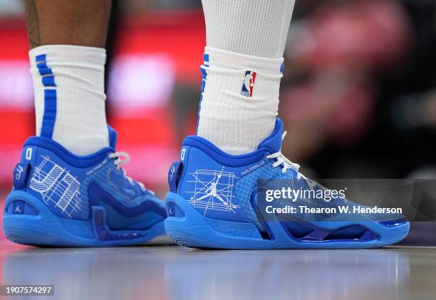 Detailed view of the Nike Air Jordan basketball shoes worn by Paolo Banchero of the Orlando Magic against the Sacramento Kings during an NBA...