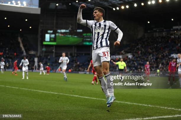 Tom Fellows of West Bromwich Albion celebrates after scoring a goal to make it 4-0 during the Emirates FA Cup Third Round match between West Bromwich...