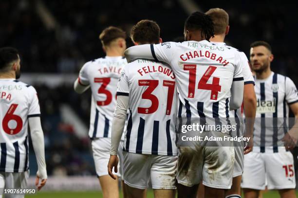 Tom Fellows of West Bromwich Albion celebrates after scoring a goal to make it 4-0 with Nathaniel Chalobah of West Bromwich Albion during the...