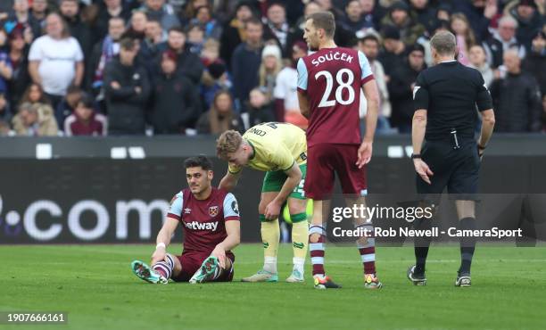 West Ham United's Konstantinos Mavropanos sustains an injury during the Emirates FA Cup Third Round match between West Ham United and Bristol City at...