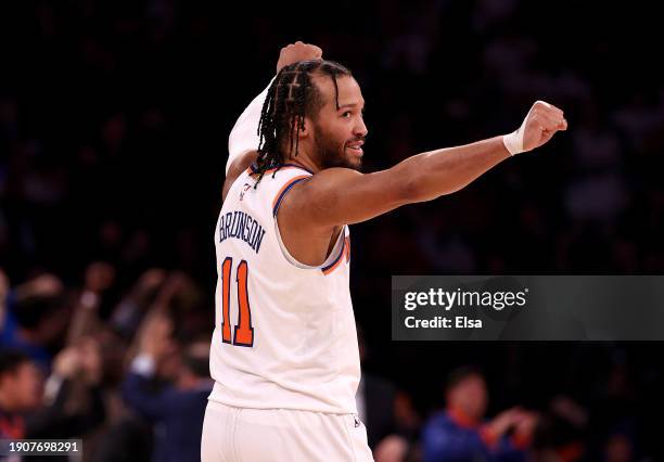 Jalen Brunson of the New York Knicks celebrates during the second half against the Chicago Bulls at Madison Square Garden on January 03, 2024 in New...