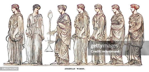 old engraved illustration of types of ancient greek women - ancient greek culture stock pictures, royalty-free photos & images