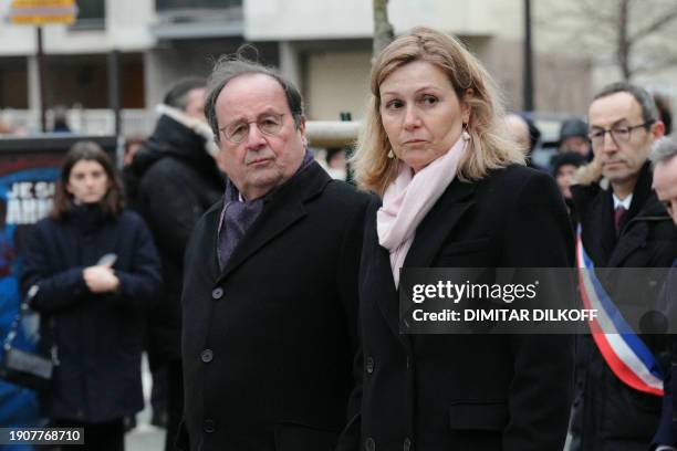 Former French president Francois Hollande and French National Assembly President Yael Braun-Pivet attend a tribute to French police officer Ahmed...