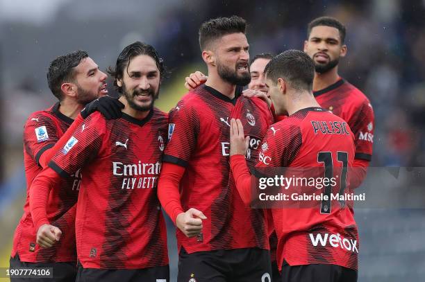 Oliver Giroud of AC Milan celebrates after scoring a goal during the Serie A TIM match between Empoli FC and AC Milan at Stadio Carlo Castellani on...