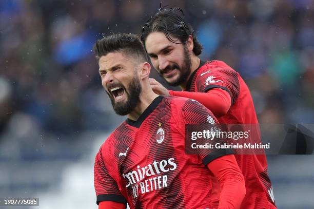 Oliver Giroud of AC Milan celebrates after scoring a goal during the Serie A TIM match between Empoli FC and AC Milan at Stadio Carlo Castellani on...