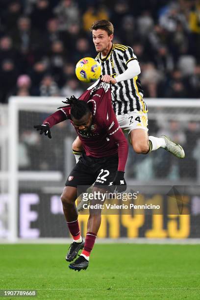 Daniele Rugani of Juventus and Chukwubuikem Ikwuemesi of US Salernitana clash during the Coppa Italia Round of 16 match between Juventus FC and US...