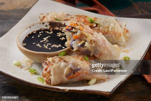 knusprige vegetarische gebratene reispapier-frühlingsrollen - thailändische küche stock-fotos und bilder