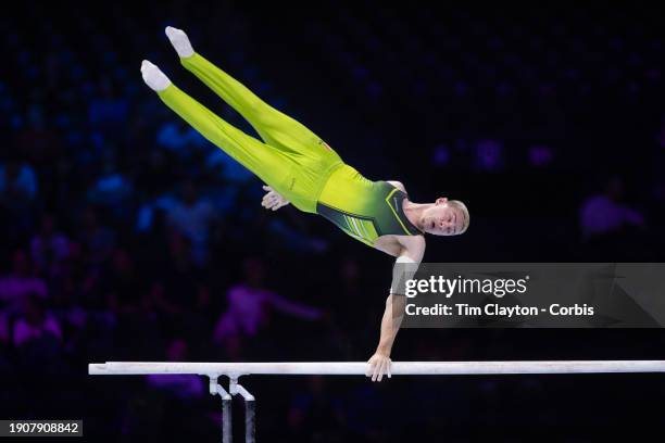 October 01: Adam Steele of Ireland performs his parallel bars routine during Men's Qualifications at the Artistic Gymnastics World...