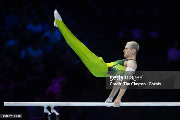 October 01: Adam Steele of Ireland performs his parallel bars routine during Men's Qualifications at the Artistic Gymnastics World...