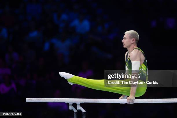 October 01: Adam Steele of Ireland performs his parallel bars routine during Men's Qualifications at the Artistic Gymnastics World...