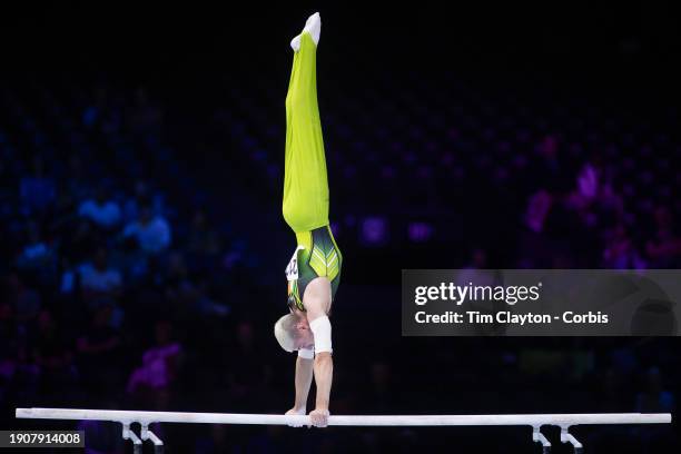 October 01: Adam Steele of Ireland performs his parallel bars routine during Men's Qualifications at the Artistic Gymnastics World...