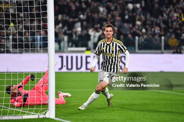 Daniele Rugani of Juventus celebrates scoring their team's third goal during the Coppa Italia Round of 16 match between Juventus FC and US...