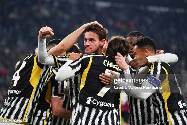 Daniele Rugani of Juventus celebrates with teammates after scoring their team's third goal during the Coppa Italia Round of 16 match between Juventus...