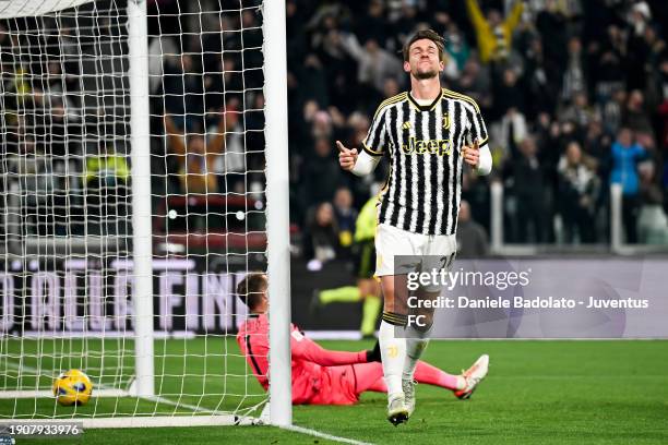 Daniele Rugani of Juventus celebrates after scoring his team's third goal during the Coppa Italia Round of 16 match between Juventus FC v US...