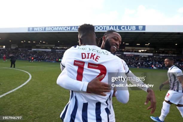 Daryl Dike of West Bromwich Albion and Nathaniel Chalobah of West Bromwich Albion embrace moments before kick off during the Emirates FA Cup Third...