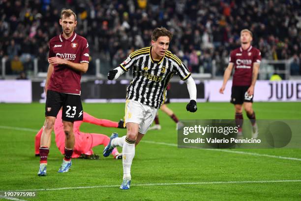 Kenan Yildiz of Juventus celebrates Juventus' fourth goal, an own-goal scroed by Dylan Bronn of US Salernitana during the Coppa Italia Round of 16...