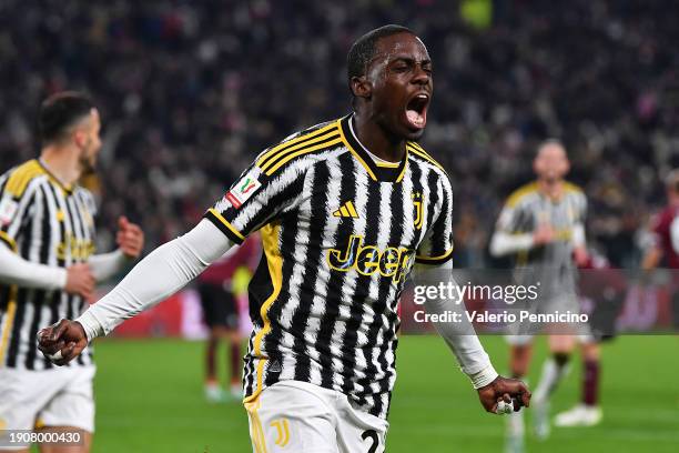 Timothy Weah of Juventus celebrates scoring their team's sixth goal during the Coppa Italia Round of 16 match between Juventus FC and US Salernitana...