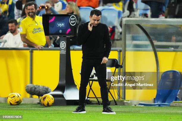 Xavi, Head Coach of FC Barcelona, reacts during the LaLiga EA Sports match between UD Las Palmas and FC Barcelona at Estadio Gran Canaria on January...