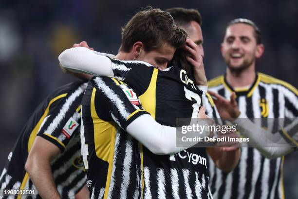 Daniele Rugani of Juventus FC celebrates after scoring his team's third goal with team mates during the Coppa Italia match between Juventus FC and US...