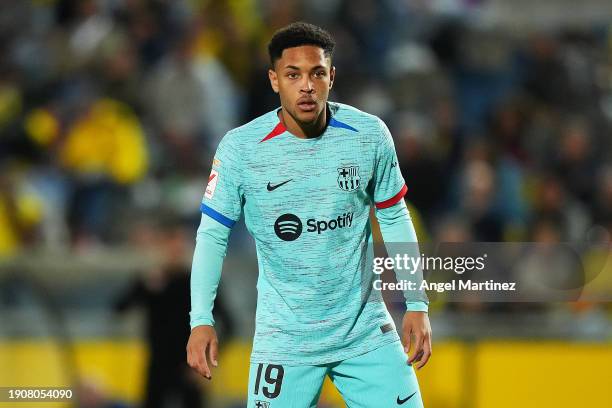 Vitor Roque of FC Barcelona looks on during the LaLiga EA Sports match between UD Las Palmas and FC Barcelona at Estadio Gran Canaria on January 04,...