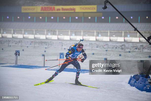 Johannes Thingnes Boe of Norway at the shooting range during the last shooting at the Men 4x7.5km Relay at the BMW IBU World Cup Biathlon Oberhof on...