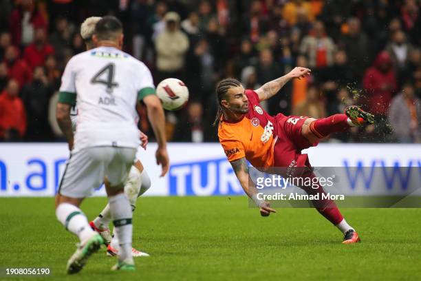 Abdulkerim Bardakci of Galatasaray scores his team's first goal during the Turkish Super League match between Galatasaray and Konyaspor at Rams Park...