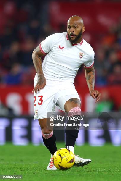 Marcao of Sevilla FC in action during the LaLiga EA Sports match between Sevilla FC and Athletic Bilbao at Estadio Ramon Sanchez Pizjuan on January...